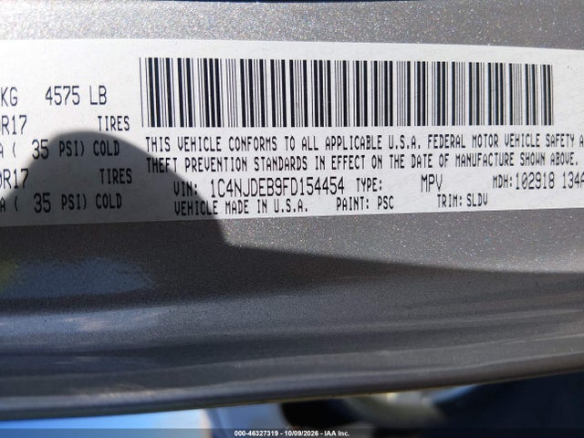 Продажа на аукционе авто 2015 Jeep Compass High Altitude Edition, vin: 1C4NJDEB9FD154454, номер лота: 46327319