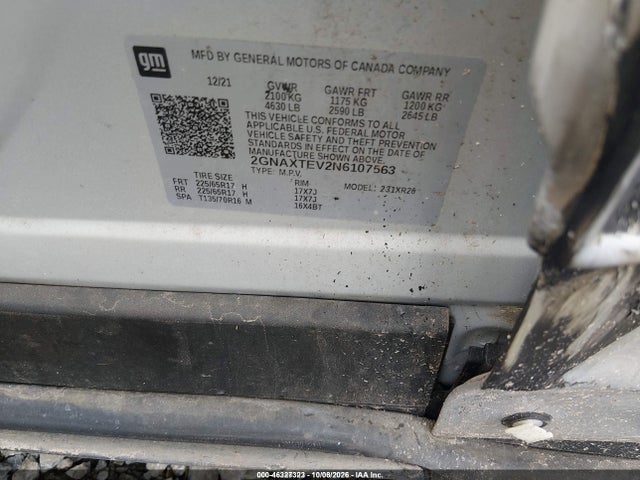 46327323 :رقم المزاد ، 2GNAXTEV2N6107563 vin ، 2022 Chevrolet Equinox Awd 2fl مزاد بيع