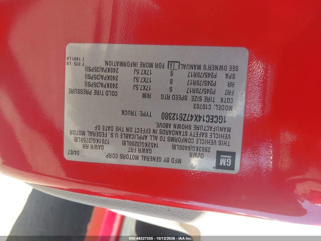 46327355 :رقم المزاد ، 1GCEC14X47Z612380 vin ، 2007 Chevrolet Silverado 1500 Work Truck مزاد بيع