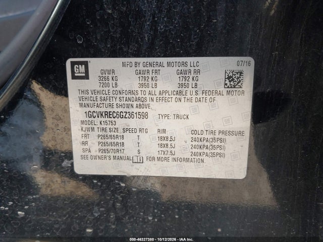 Продаж на аукціоні авто 2016 Chevrolet Silverado 1500 1lt, vin: 1GCVKREC6GZ361598, номер лоту: 46327380