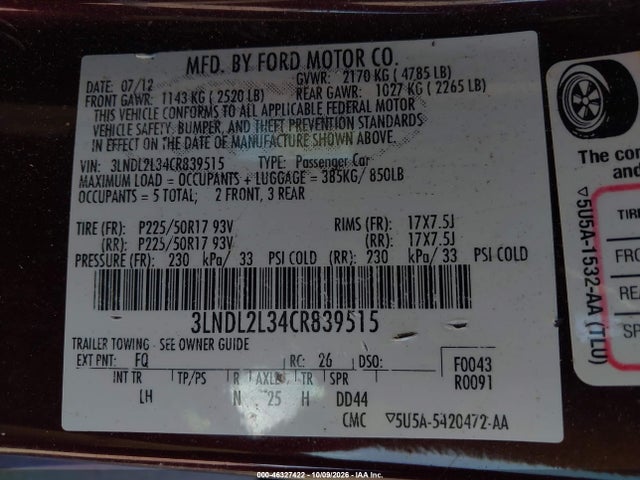 Aukcja sprzedaży 2012 Lincoln Mkz Hybrid, vin: 3LNDL2L34CR839515, numer aukcji: 46327422