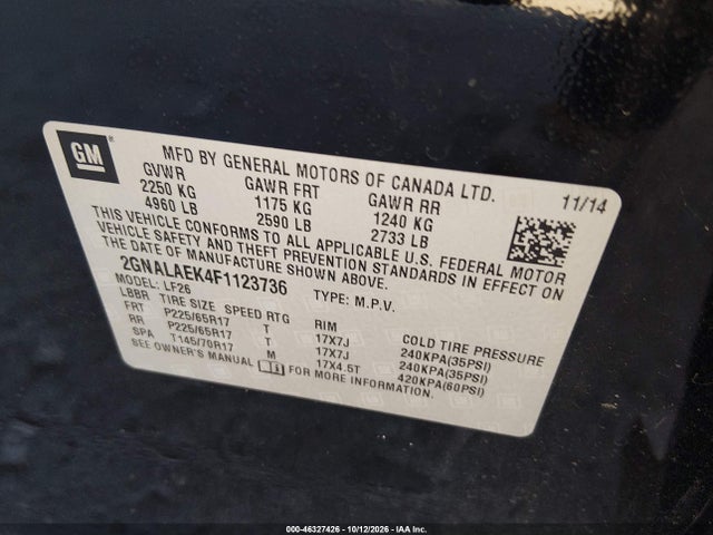 Aukcja sprzedaży 2015 Chevrolet Equinox Ls, vin: 2GNALAEK4F1123736, numer aukcji: 46327426