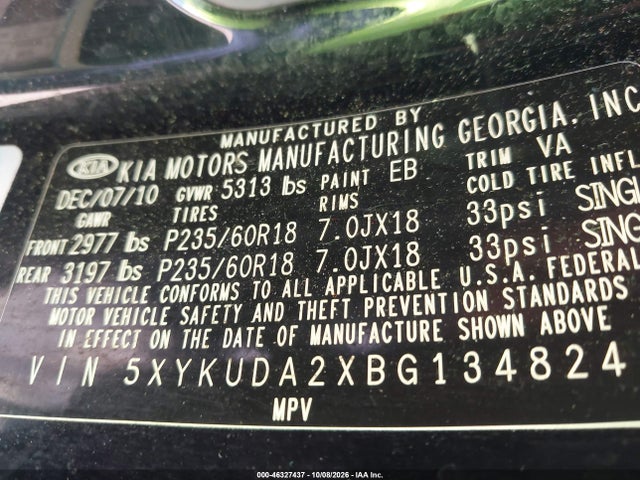 Продажа на аукционе авто 2011 Kia Sorento Ex V6, vin: 5XYKUDA2XBG134824, номер лота: 46327437