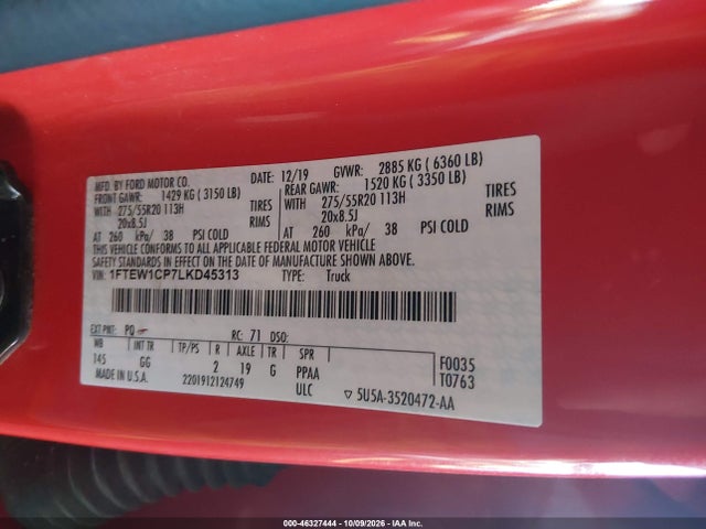 2020 Ford F-150 Xl მანქანა იყიდება აუქციონზე, vin: 1FTEW1CP7LKD45313, აუქციონის ნომერი: 46327444