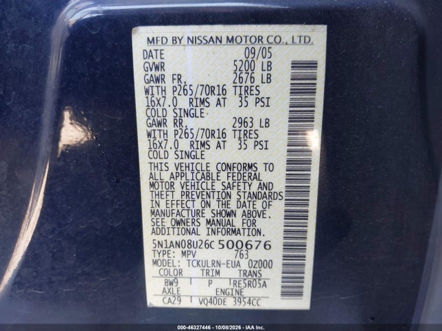 46327446 :رقم المزاد ، 5N1AN08U26C500676 vin ، 2006 Nissan Xterra S مزاد بيع