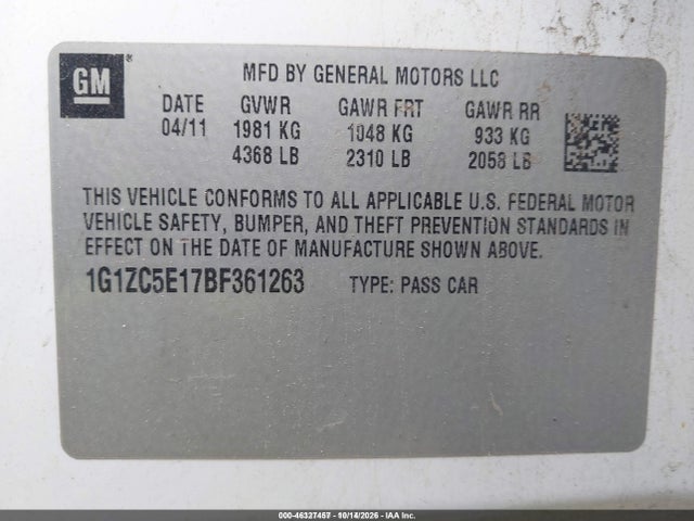 46327457 :رقم المزاد ، 1G1ZC5E17BF361263 vin ، 2011 Chevrolet Malibu 1lt مزاد بيع