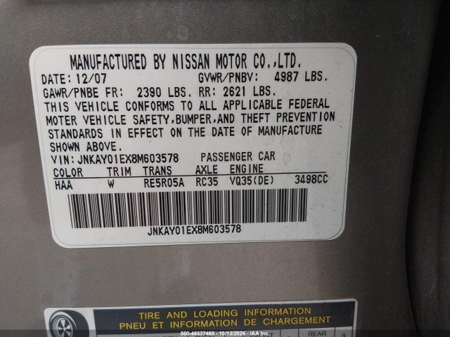 46327465 :رقم المزاد ، JNKAY01EX8M603578 vin ، 2008 Infiniti M35 مزاد بيع