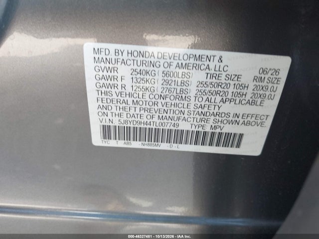Auction sale of the 2026 Acura Mdx Technology Package, vin: 5J8YD9H44TL007749, lot number: 46327481