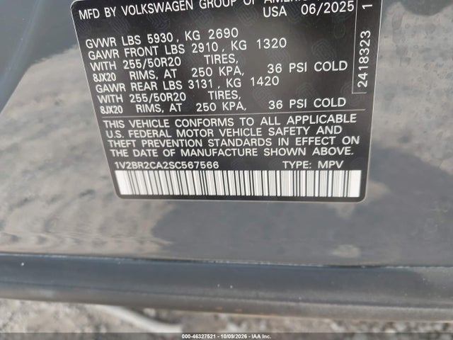 Продаж на аукціоні авто 2025 Volkswagen Atlas 2.0t Sel, vin: 1V2BR2CA2SC567566, номер лоту: 46327521