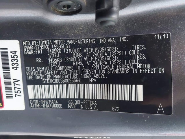 46327531 :رقم المزاد ، 5TDZK3DC3BS095564 vin ، 2011 Toyota Sienna Base V6 مزاد بيع