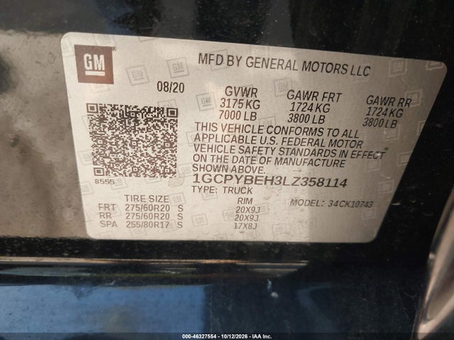 Aukcja sprzedaży 2020 Chevrolet Silverado 1500 4wd  Standard Bed Custom, vin: 1GCPYBEH3LZ358114, numer aukcji: 46327554