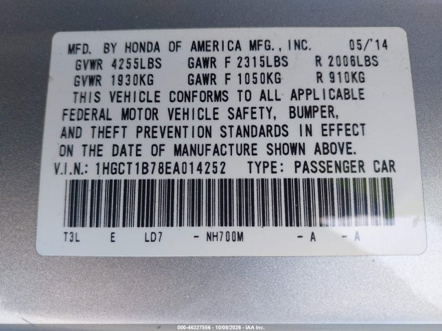 Honda ACCORD EX 2014 1HGCT1B78EA014252 Image 9