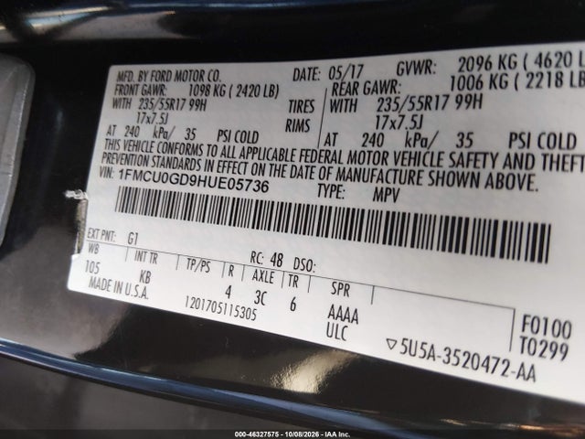 46327575 :رقم المزاد ، 1FMCU0GD9HUE05736 vin ، 2017 Ford Escape Se مزاد بيع