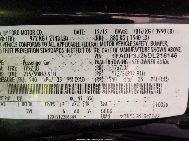 46327599 :رقم المزاد ، 1FADP3J28DL218146 vin ، 2013 Ford Focus Titanium مزاد بيع