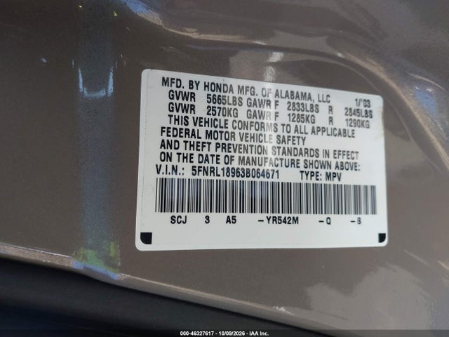 2003 Honda Odyssey Ex-l მანქანა იყიდება აუქციონზე, vin: 5FNRL18963B064671, აუქციონის ნომერი: 46327617