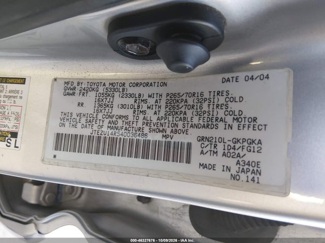 Продаж на аукціоні авто 2004 Toyota 4runner Sr5 V6, vin: JTEZU14R540036486, номер лоту: 46327676