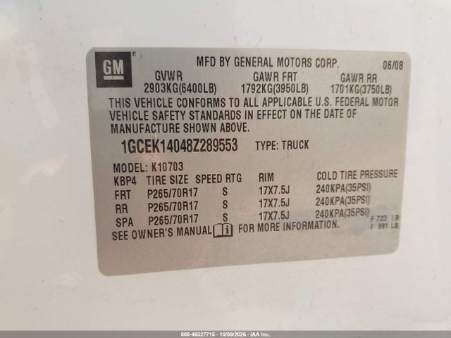 46327715 :رقم المزاد ، 1GCEK14048Z289553 vin ، 2008 Chevrolet Silverado 1500 Lt1 مزاد بيع