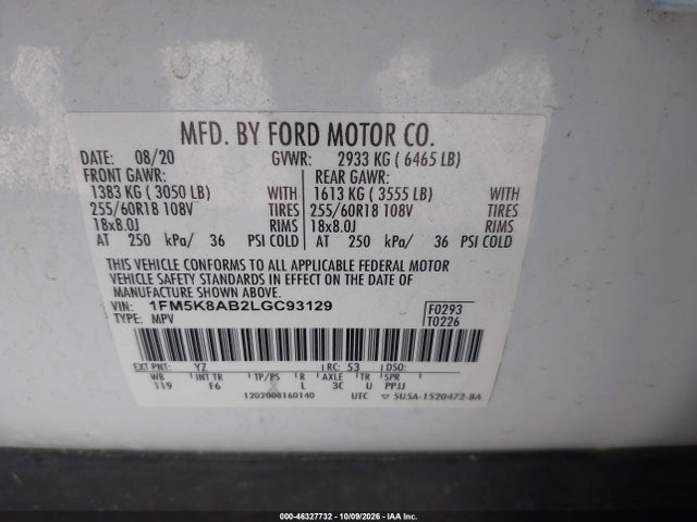 2020 Ford Police Interceptor Utility მანქანა იყიდება აუქციონზე, vin: 1FM5K8AB2LGC93129, აუქციონის ნომერი: 46327732