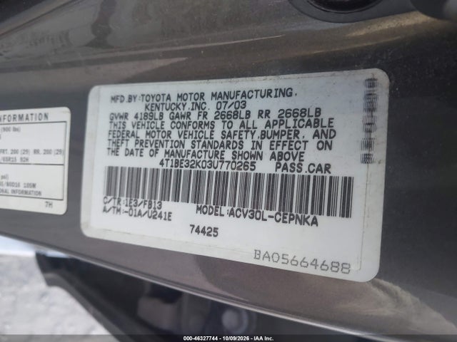 46327744 :رقم المزاد ، 4T1BE32K03U770265 vin ، 2003 Toyota Camry Le مزاد بيع