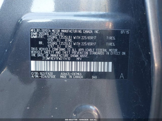 Продаж на аукціоні авто 2015 Toyota Rav4 Xle, vin: 2T3WFREV1FW211410, номер лоту: 46327789