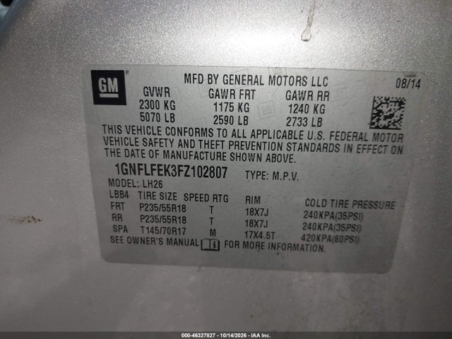 46327827 :رقم المزاد ، 1GNFLFEK3FZ102807 vin ، 2015 Chevrolet Equinox 1lt مزاد بيع