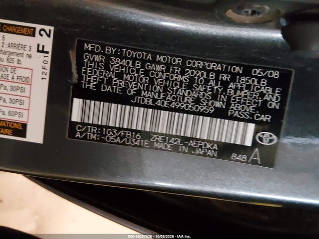 46327836 :رقم المزاد ، JTDBL40E499050959 vin ، 2009 Toyota Corolla Le مزاد بيع