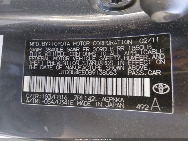 Aukcja sprzedaży 2011 Toyota Corolla Le, vin: JTDBU4EE0B9138063, numer aukcji: 46327882
