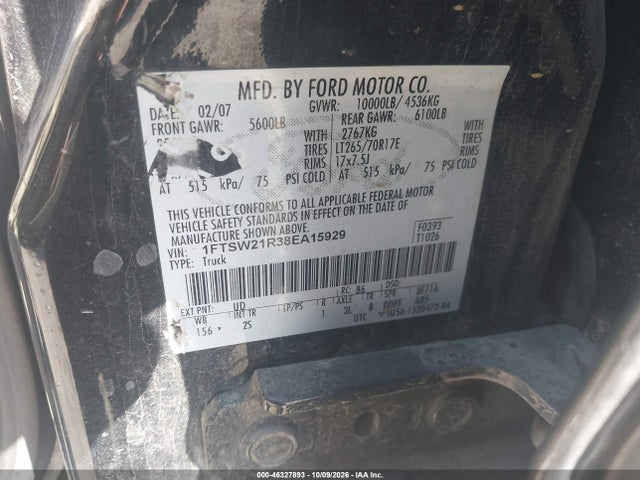 2008 Ford F-250 Fx4/harley-davidson/king Ranch/lariat/xl/xlt მანქანა იყიდება აუქციონზე, vin: 1FTSW21R38EA15929, აუქციონის ნომერი: 46327893