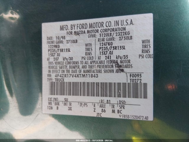 46327913 :رقم المزاد ، 4F4ZR17V4XTM11843 vin ، 1999 Mazda B3000 Se مزاد بيع