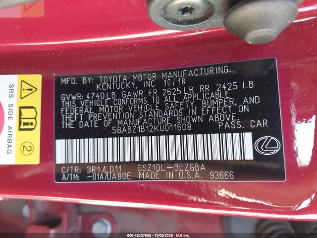 Lexus ES 350 2019 58ABZ1B12KU011608 Image 9