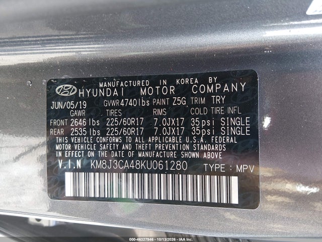 Продаж на аукціоні авто 2019 Hyundai Tucson Value, vin: KM8J3CA48KU061280, номер лоту: 46327946