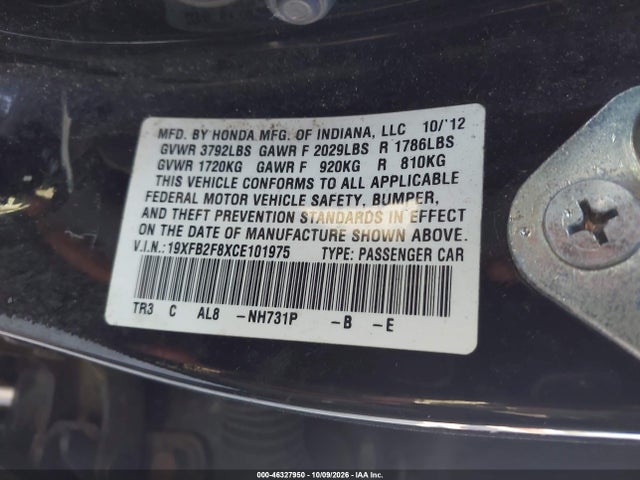 Aukcja sprzedaży 2012 Honda Civic Ex, vin: 19XFB2F8XCE101975, numer aukcji: 46327950
