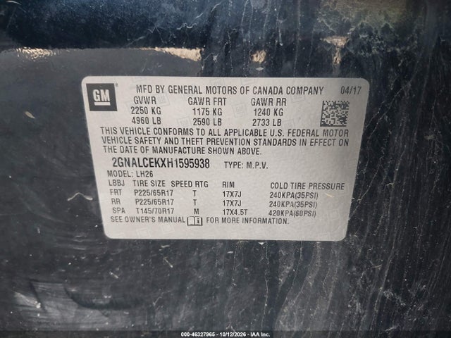 Продажа на аукционе авто 2017 Chevrolet Equinox Lt, vin: 2GNALCEKXH1595938, номер лота: 46327965