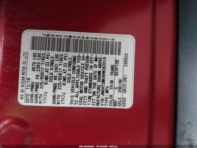 46328002 :رقم المزاد ، JN8AT2MV8HW262018 vin ، 2017 Nissan Rogue Sv مزاد بيع