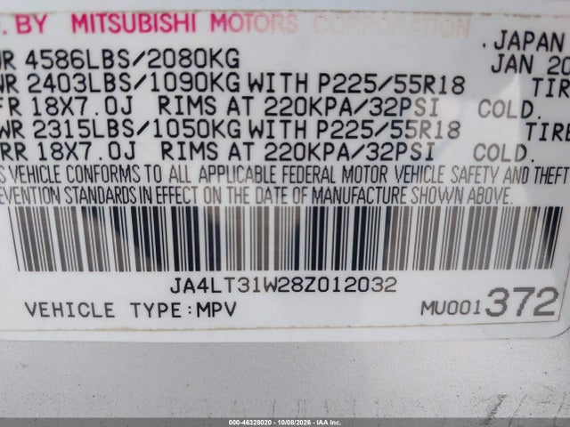 Aukcja sprzedaży 2008 Mitsubishi Outlander Se, vin: JA4LT31W28Z012032, numer aukcji: 46328020