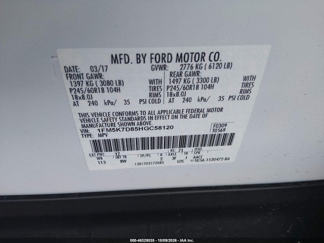 1FM5K7D85HGC58120 Ford EXPLORER XLT