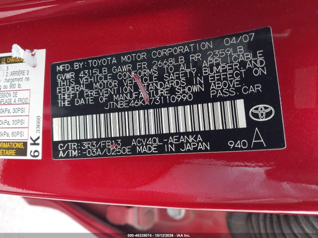 Aukcja sprzedaży 2007 Toyota Camry Le, vin: JTNBE46KX73110990, numer aukcji: 46328074