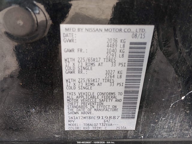Продаж на аукціоні авто 2015 Nissan Rogue Sv, vin: 5N1AT2MT8FC919887, номер лоту: 46328087