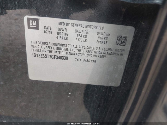 2016 Chevrolet Malibu Lt მანქანა იყიდება აუქციონზე, vin: 1G1ZE5ST7GF340338, აუქციონის ნომერი: 46328109