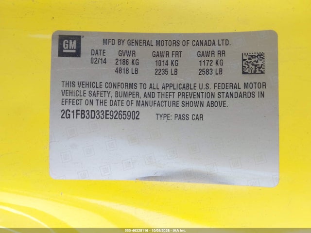 Продаж на аукціоні авто 2014 Chevrolet Camaro 1lt, vin: 2G1FB3D33E9265902, номер лоту: 46328116