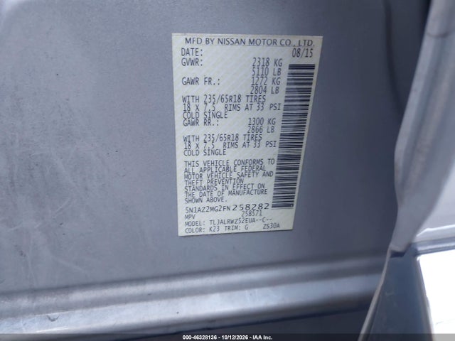 Продаж на аукціоні авто 2015 Nissan Murano Sl, vin: 5N1AZ2MG2FN258282, номер лоту: 46328136