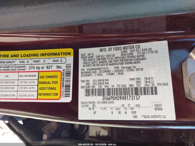 Продаж на аукціоні авто 2017 Ford Fusion Se, vin: 3FA6P0HD9HR173157, номер лоту: 46328138