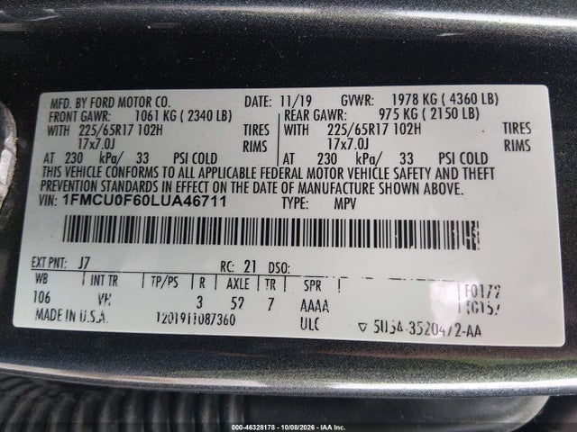 Aukcja sprzedaży 2020 Ford Escape S, vin: 1FMCU0F60LUA46711, numer aukcji: 46328178