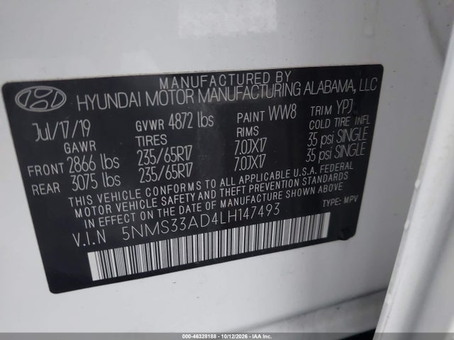 Aukcja sprzedaży 2020 Hyundai Santa Fe Sel, vin: 5NMS33AD4LH147493, numer aukcji: 46328188