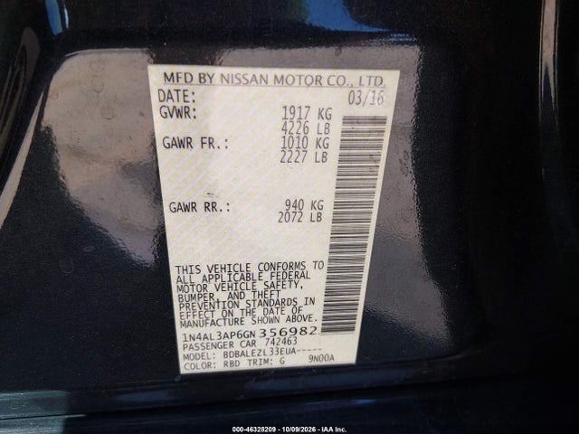 1N4AL3AP6GN356982 Nissan Altima 2.5/2.5 S/2.5 Sl/2.5 Sr/2.5 Sv