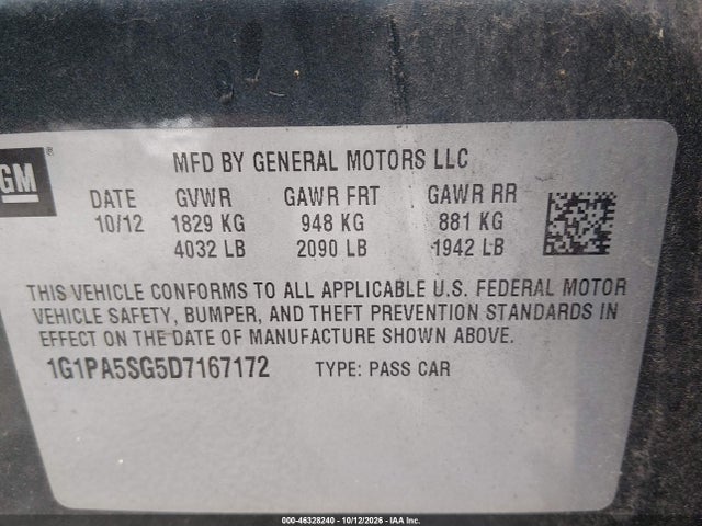 Aukcja sprzedaży 2013 Chevrolet Cruze Ls Auto, vin: 1G1PA5SG5D7167172, numer aukcji: 46328240