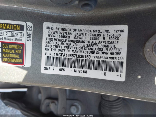 Aukcja sprzedaży 2007 Honda Civic Ex, vin: 1HGFA16887L039150, numer aukcji: 46328246