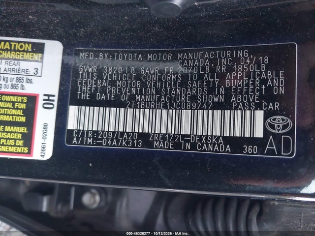 Aukcja sprzedaży 2018 Toyota Corolla Xse, vin: 2T1BURHE1JC089747, numer aukcji: 46328277