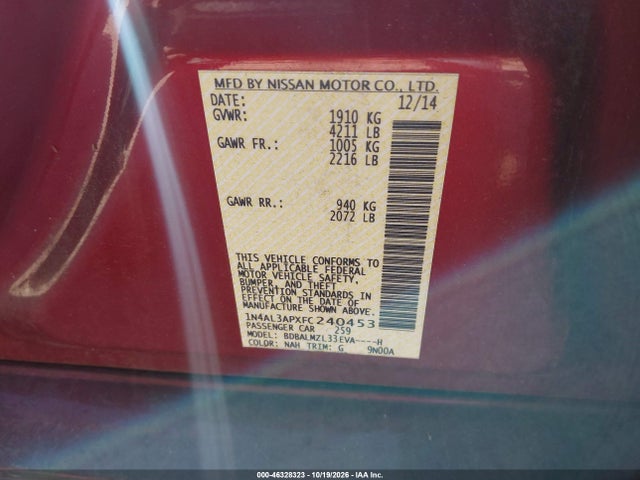 Продажа на аукционе авто 2015 Nissan Altima 2.5 Sv, vin: 1N4AL3APXFC240453, номер лота: 46328323