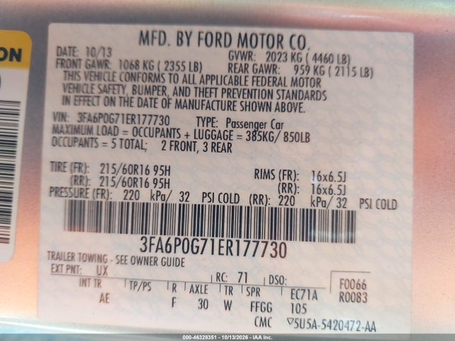 Продажа на аукционе авто 2014 Ford Fusion S, vin: 3FA6P0G71ER177730, номер лота: 46328351